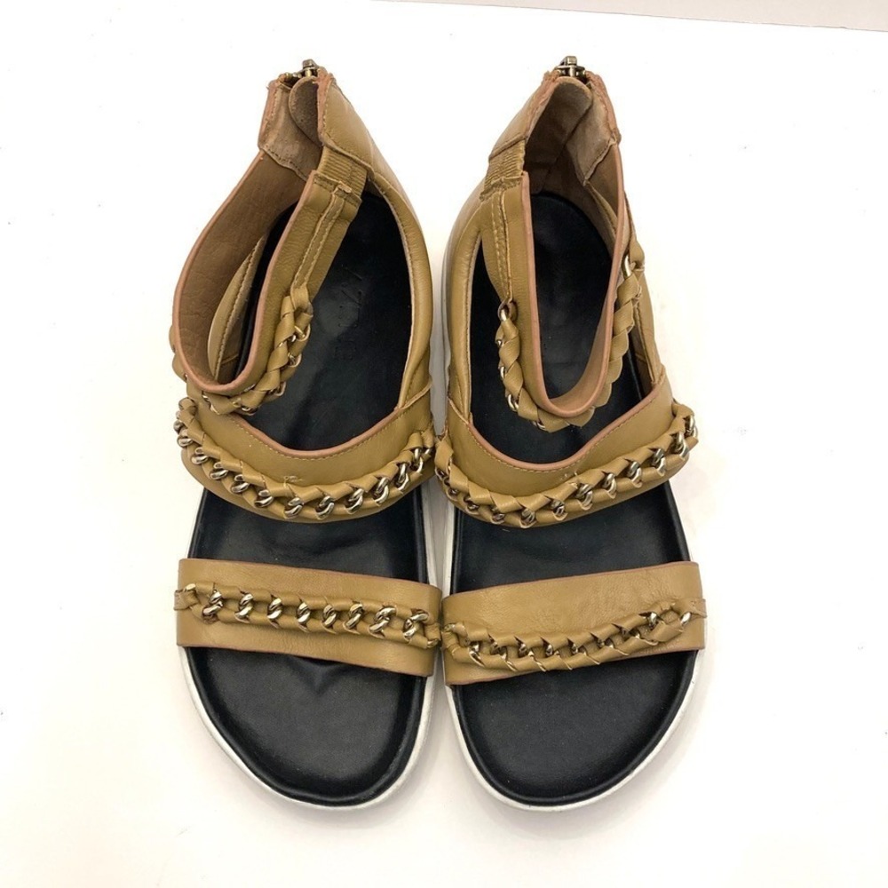 ATELJE 71 Aida Chain Flatbed Sandals Tan‎ Leather Womens 10 M Back Zip $250
